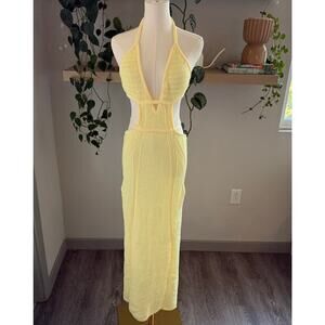 Yellow Crochet Knit Halter Maxi Dress Swim Cutout Open Back, Boho Beachwear, S/M